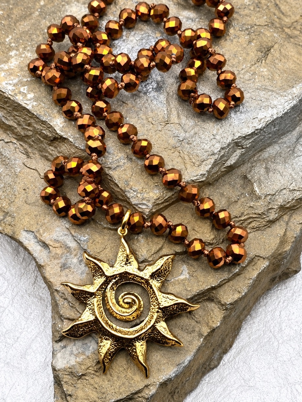 Gold Sun Pendant Necklace with Bronze Crystals
